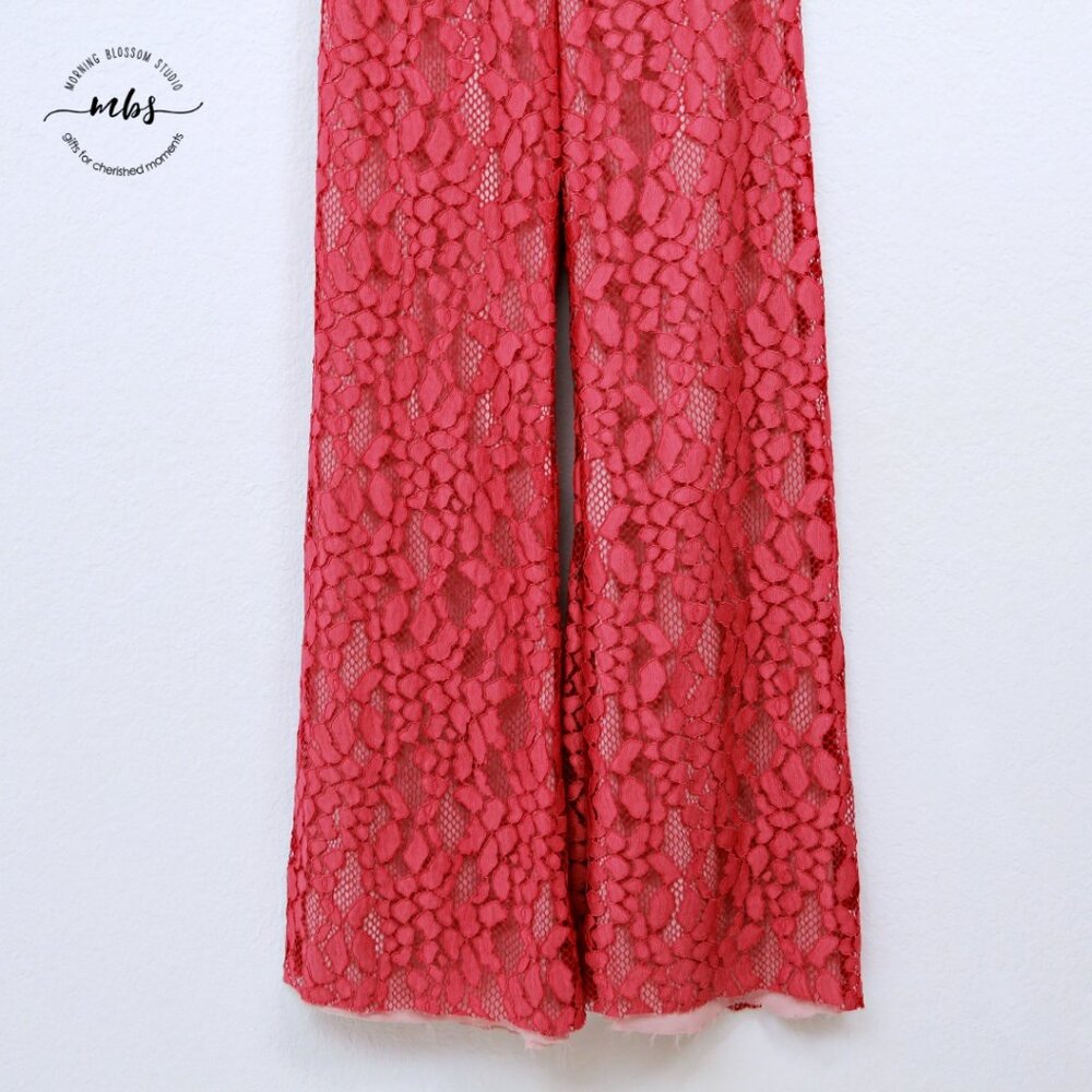 Alexis Lace Short Sleeve Cutout Lined Wide Leg Jumpsuit Raw Hems Pink Women XS - Picture 5 of 13